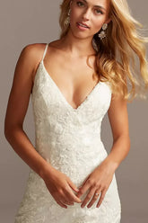 Elegant Floral Overlay Lace Spaghetti Strap Flare Leg Wedding Jump Suit